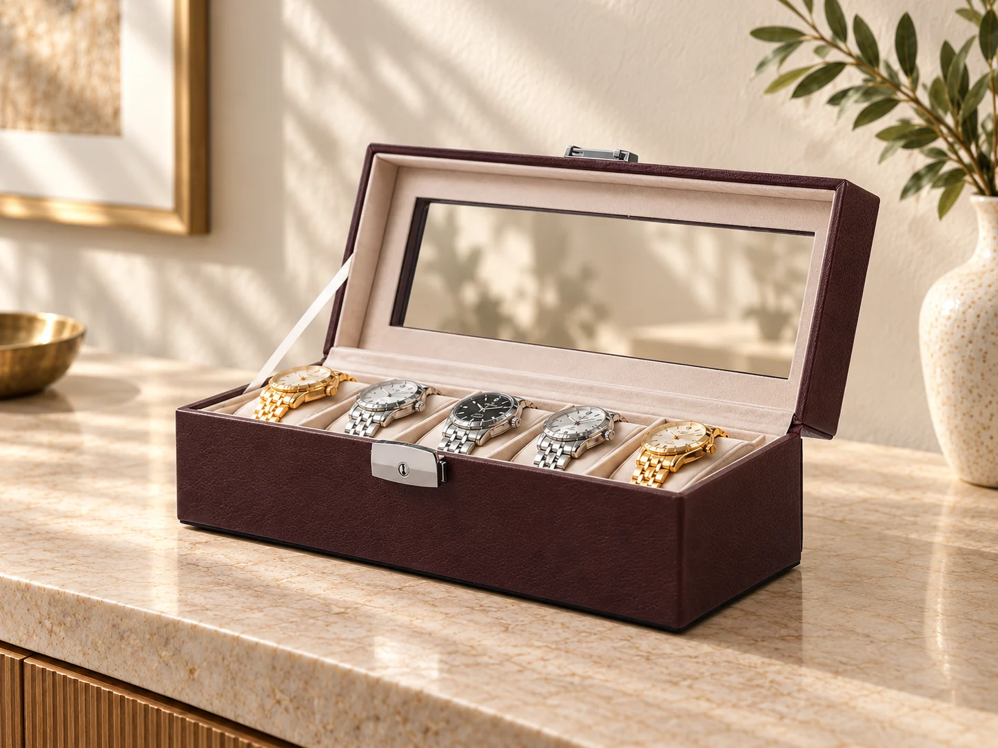 Orbita Roma 5 Chocolate storage case open with five watches on an ivory stone console