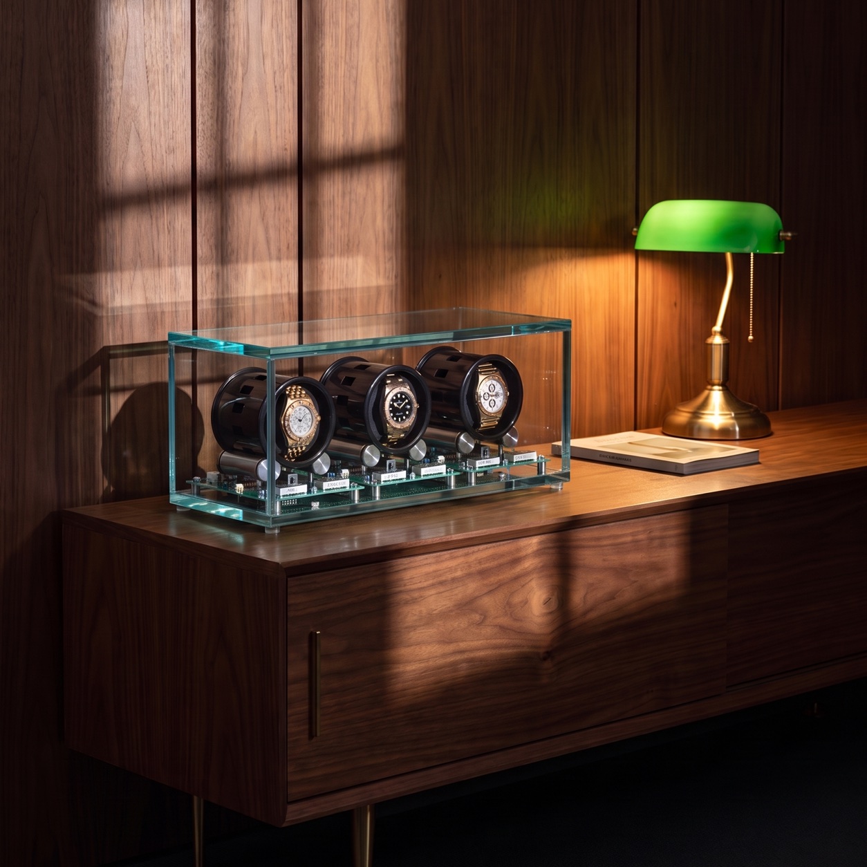 Orbita Tourbillon 3 watch winder in clear acrylic case on a walnut cabinet