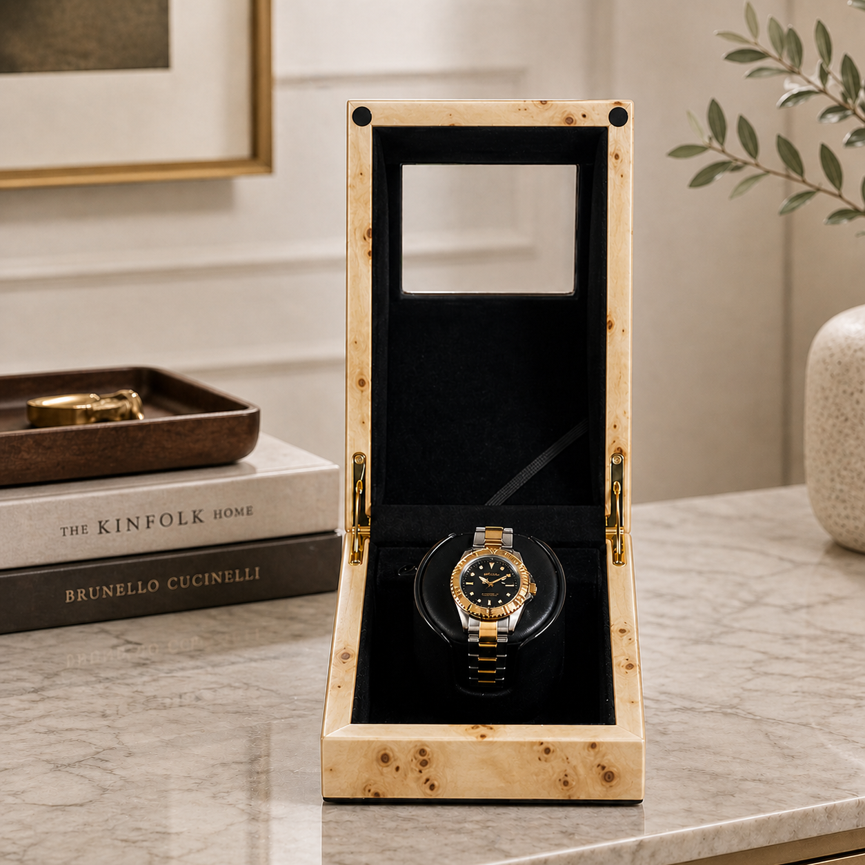 Orbita Siena single watch winder in Poplar finish — open lifestyle view
