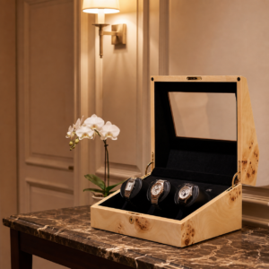 Orbita Siena triple watch winder in Poplar finish — open lifestyle view