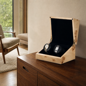 Orbita Sparta Deluxe double watch winder in Poplar finish — open lifestyle view