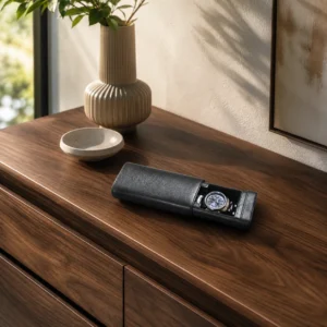 Orbita Verona single-watch storage case in black leather, open on a walnut table